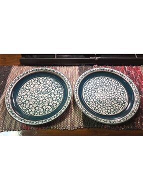 Vintage Set-2 Tienshan Green Sponge w/ Band Country Crock Dinner Plates 10.75"